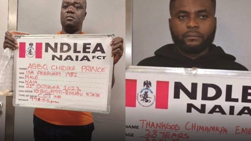 Businessmen arrested with illicit drugs bound for Hong Kong and France Operatives of the NDLEA, have arrested two businessmen at the Nnamdi Azikiwe International Airport with consignments of cocaine and heroîn going to Hong Kong and France concealed in their bellies. This was revealed in a signed statement by the agency on October 29, 2023. While 38-year-old ThankGod Chimamkpa Emenike was arrested at the boarding gate of the Abuja airport on 20th October during the outward clearance of passengers on Air France flight 818 to Paris, 41-year-old Agbo Chidike Prince was taken into NDLEA custody on the 21st October while attempting to board an Ethiopian Airlines flight ET 950 to Hong Kong via Addis Ababa. They were both arrested and detained after their body scan revealed they ingested illicit drugs. After days in custody and a number of excretions, Emenike excreted 72 wraps of heroïne weighing 1.171 kg while Chidike discharged 49 pellets of cocaine with a total weight of 998.53 grams.