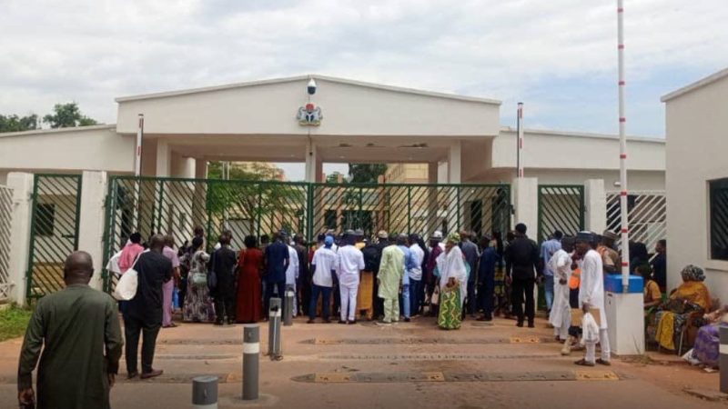 Nationwide Strike: NLC members shut down National Assembly in Abuja.