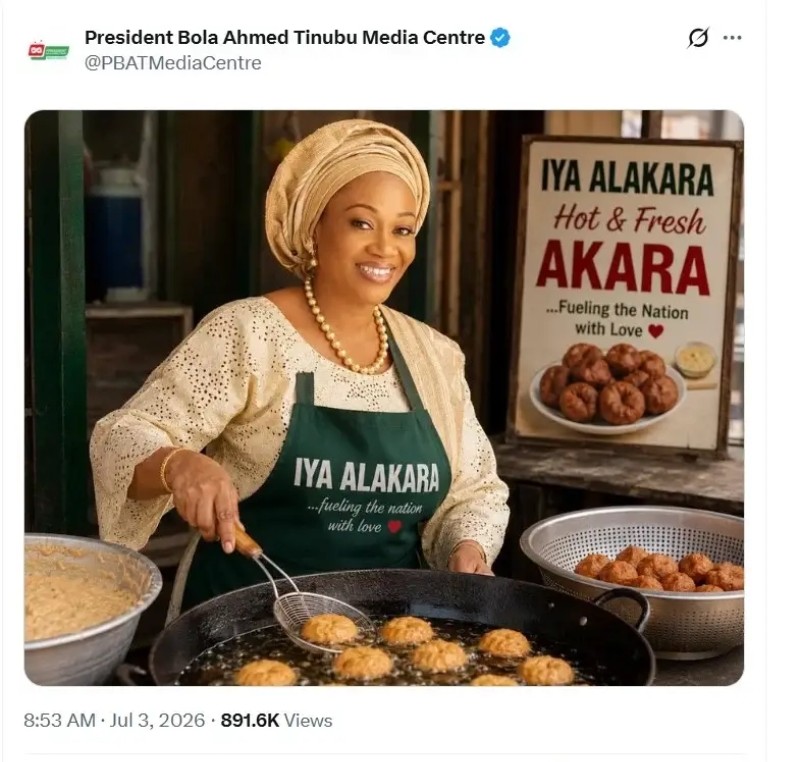 Presidency shares AI-generated image of Remi Tinubu selling akara amid social media debate