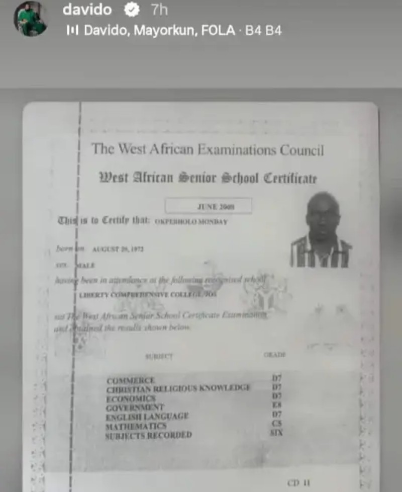 Davido shares alleged WAEC result of Edo Governor after Adeleke jibe